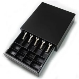 An image of a black cash drawer with a lock on the front, typically used in retail and business environments to securely store cash and coins