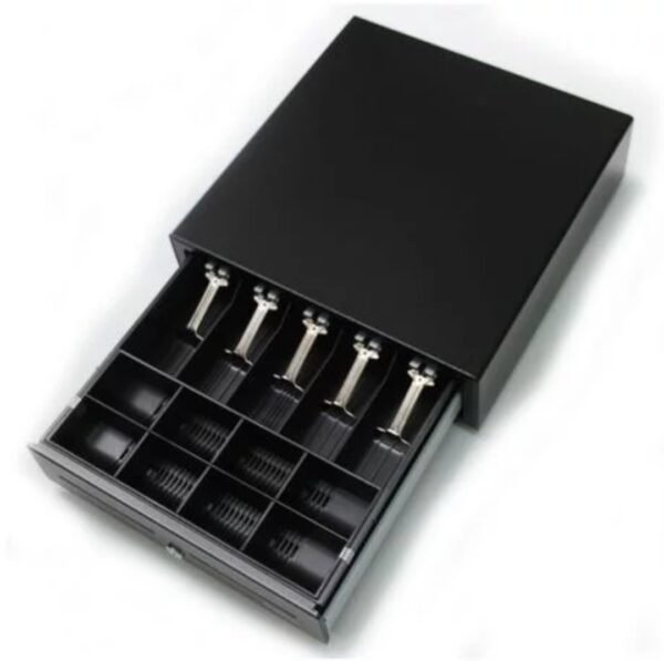 An image of a black cash drawer with a lock on the front, typically used in retail and business environments to securely store cash and coins