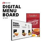 32-inch and 43-inch digital menu board LCD display for restaurants and cafes, showcasing vibrant Full HD and 4K resolution, adjustable brightness, and versatile orientation options.