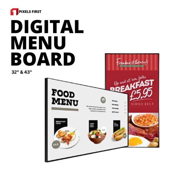 32-inch and 43-inch digital menu board LCD display for restaurants and cafes, showcasing vibrant Full HD and 4K resolution, adjustable brightness, and versatile orientation options.