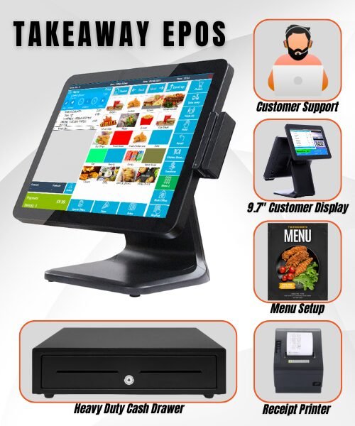 Takeaway EPOS system with thermal receipt printer, cash drawer, touchscreen monitor, barcode scanner, and software for efficient order processing